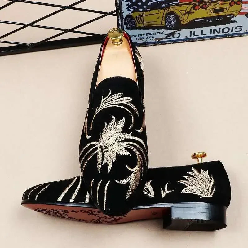Men's Suede Leather Loafers - Luxury Embroidered Moccasins for Party & Wedding