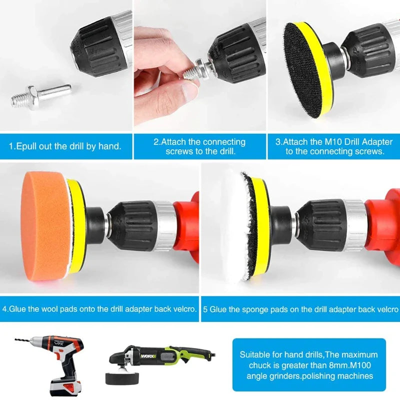 3/5/7-Inch Car Polishing Disc 8pcs Set β Self-Adhesive Buffing, Waxing, and Wool Pads for Car Polisher with Drill Adapter