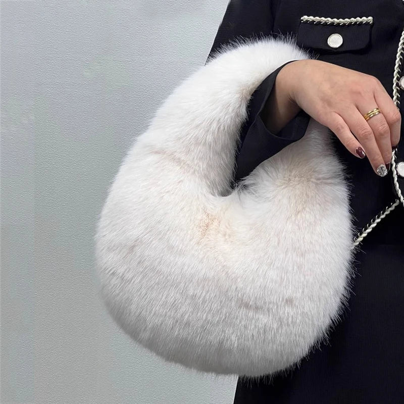 Plush Half Moon Bag - Soft Faux Fur Women's Handbag Winter Luxury Shoulder Purse