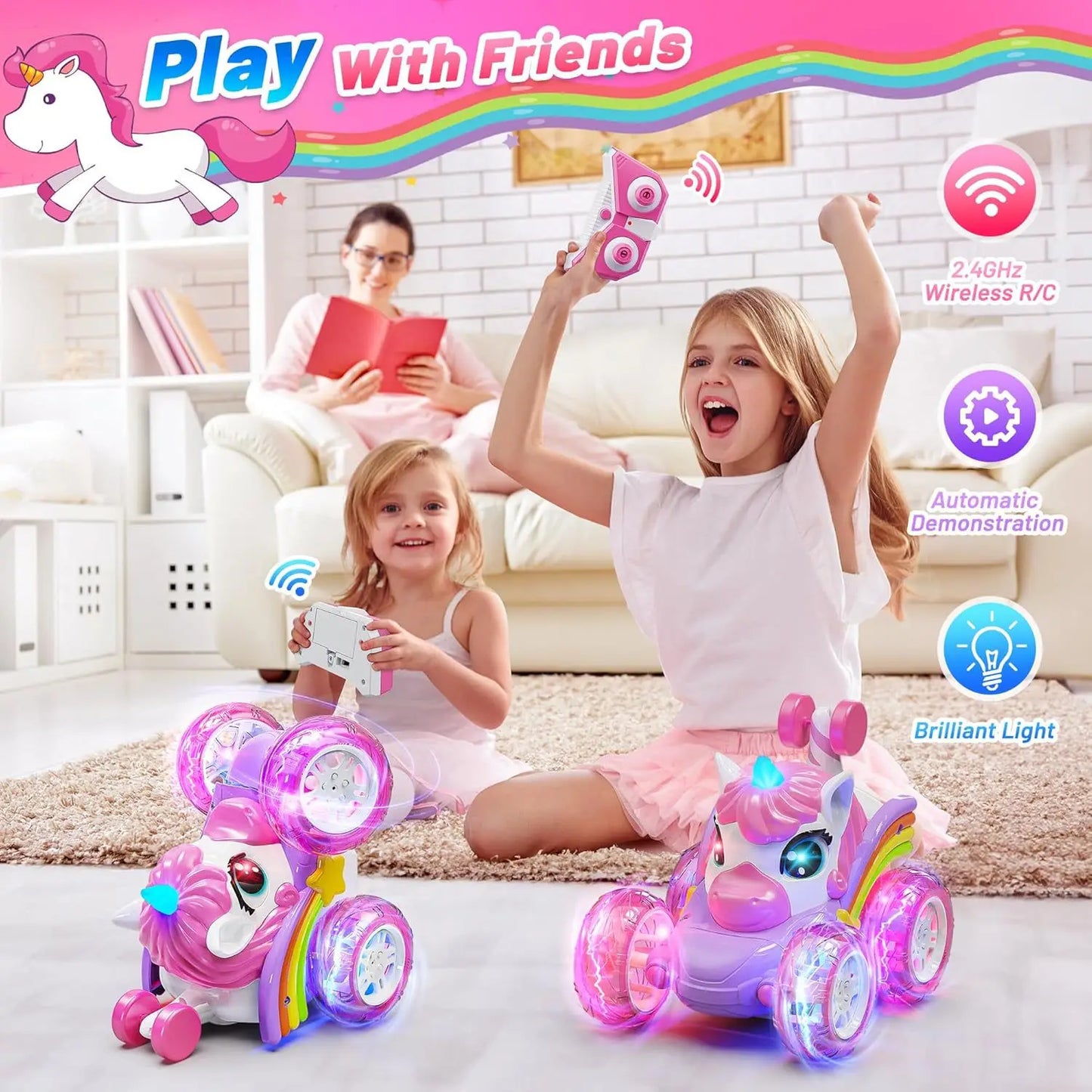 Remote Control Unicorn Car for Girls ā 360° Rotating 4WD Stunt RC Toy with LED Lights, 2.4GHz Kids Gift