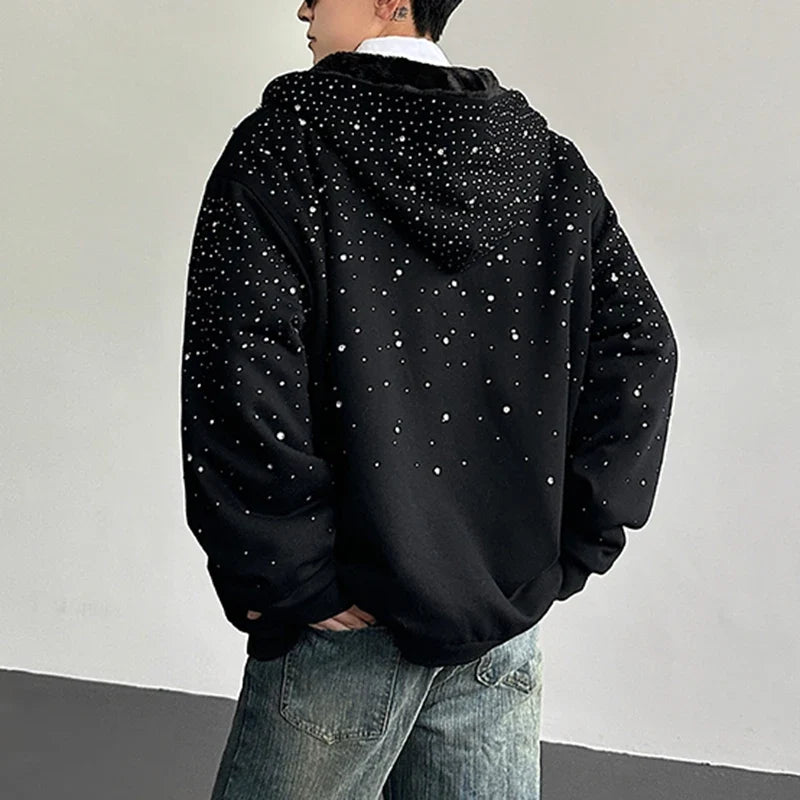Men’s Faux Fur Patchwork Hoodie - Diamond Design Zip-Up Sweater with Loose Fit