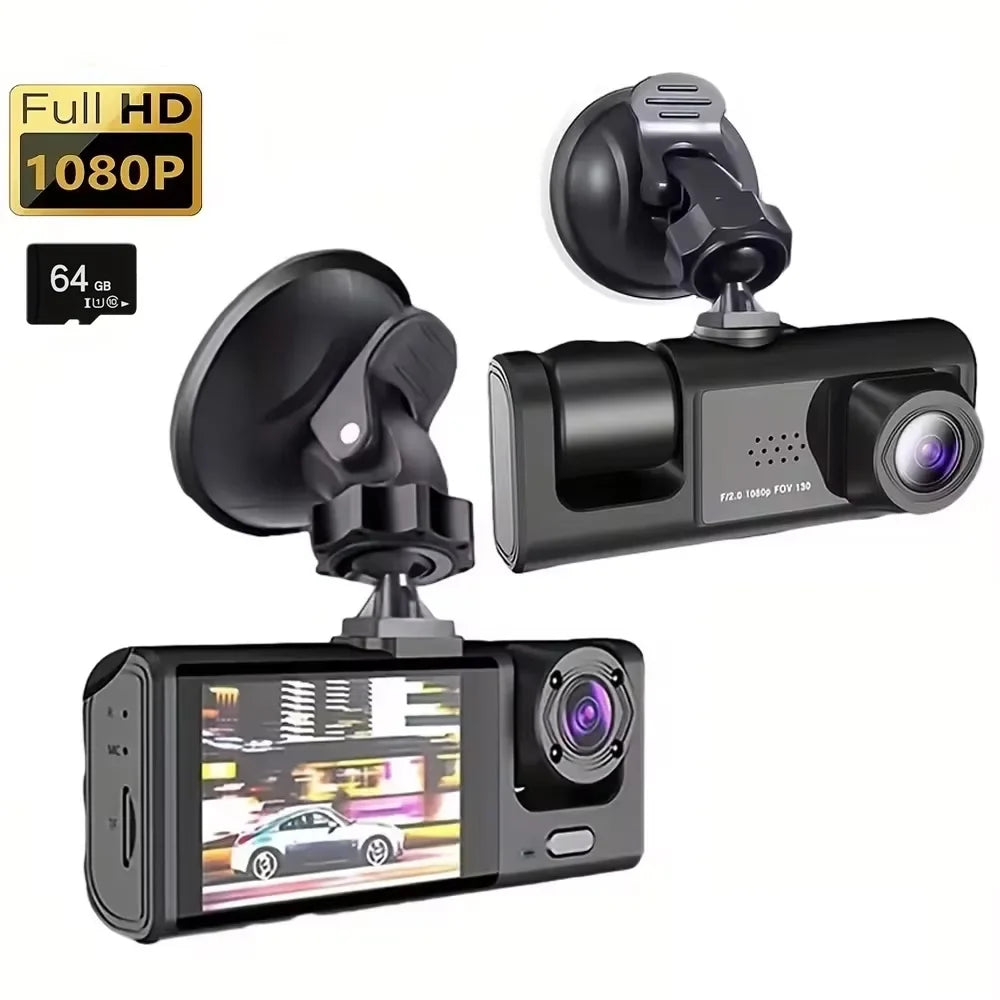 1080P 3-Channel Dash Cam - IR Night Vision, Loop Recording & 2-Inch IPS Screen DVR