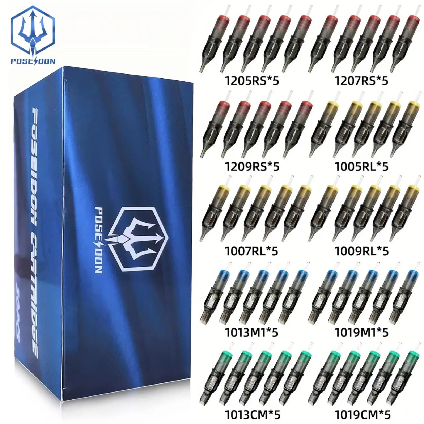 POSEIDON V2 50PCS Mixed Tattoo Cartridge Needles – RL, RS, RM, M1 Disposable Safety Membrane Needles for Professional Tattooing