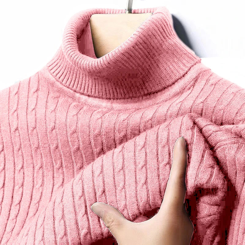 Men's Autumn Ribbed Turtleneck Sweater - Warm Fitted Jacquard Striped Knitted Long Sleeve Pullover Top