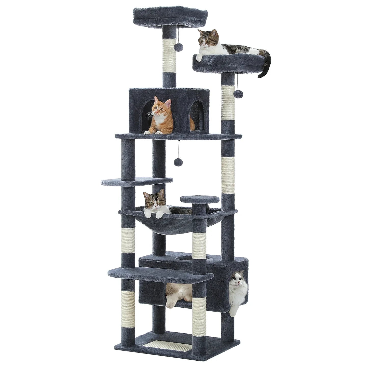 Large Indoor Cat Tree Tower with Sisal Scratching Posts, Hammock, Padded Perches & Condos – Cat Toys and Activity Center