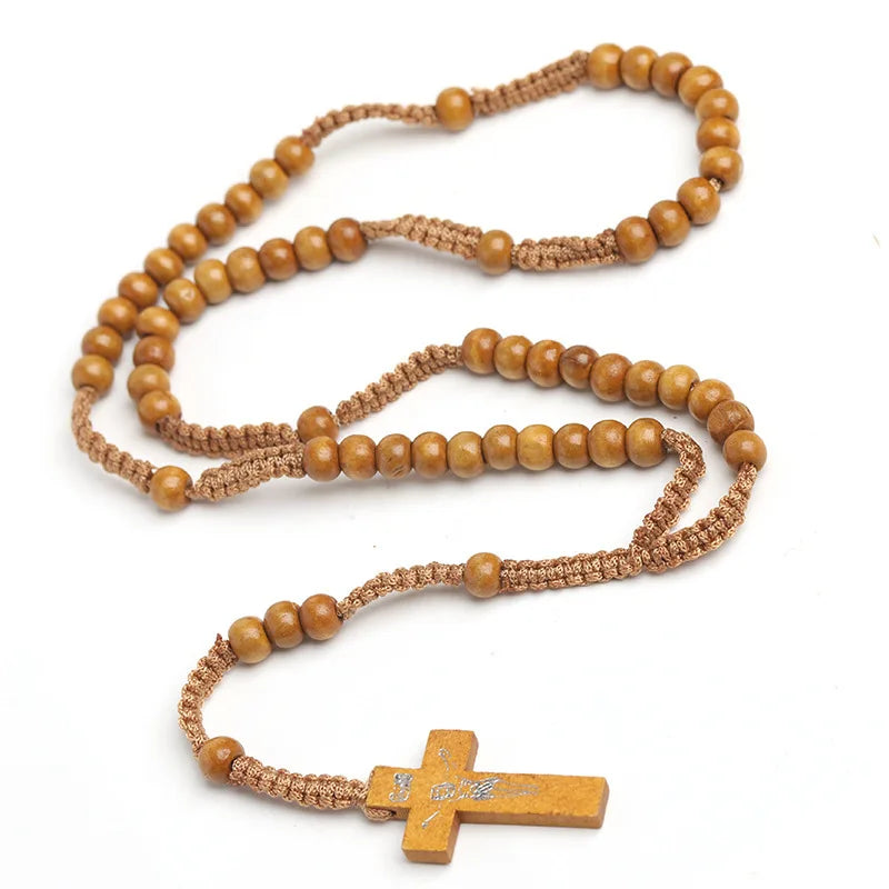 8mm Wooden Rosary Beads Necklace – Catholic Orthodox Cross Pendant, Woven Rope Prayer Chain for Men, Spiritual Gift (Black/Brown/Khaki)