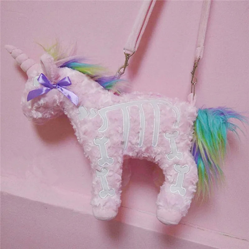 Dark Punk Unicorn Backpack – Gothic Pink Plush Flying Horse Skeleton Stuffed Crossbody Bag, High-Quality Gift for Friends