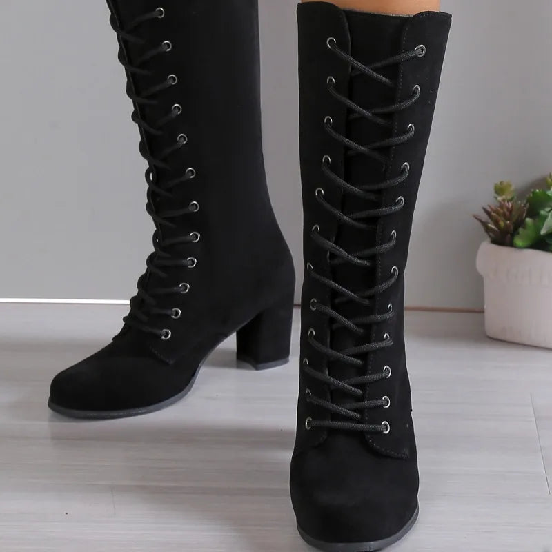 Women’s Winter Chunky Heel Boots - Round Toe Cross-Lace Anti-Slip Wear-Resistant Fashion Shoes