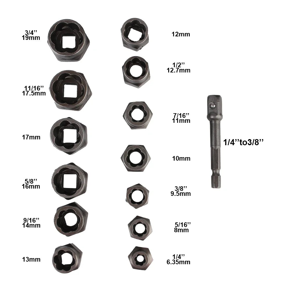 14-Piece Bolt & Nut Remover Socket Set - Cr-Mo Steel Damaged Screw Extractor Car Tool Kit