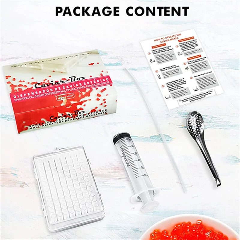 Caviar Maker Box – 96-Hole Spherification Dropper Molecular Gastronomy Kit with Spoon, Syringe, and Roe Sauce Dispenser