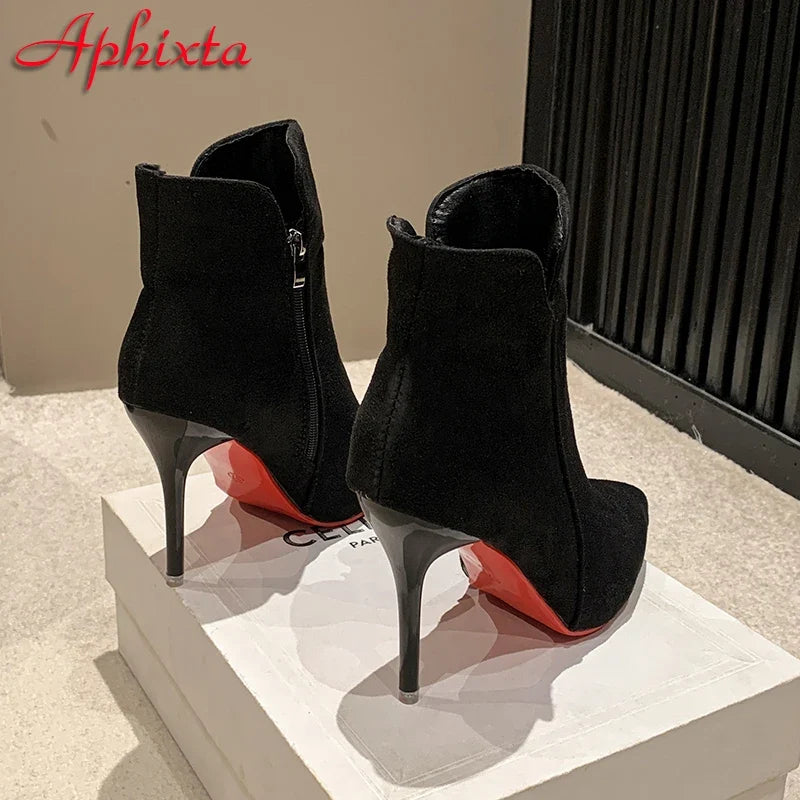 Women’s 10cm Stiletto Ankle Boots - Warm Winter Zip Heels in Black & Red Sizes 47-50