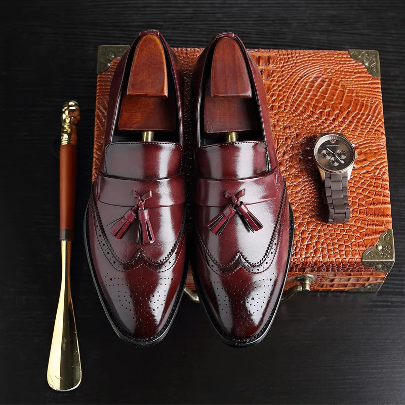 Luxury Men's Leather Tassel Loafers - Brogue Wedding & Casual Dress Shoes Size 37-48