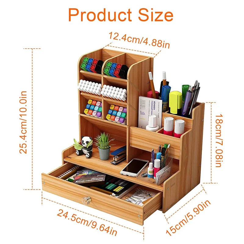 Wooden Desk Organizer – Large Capacity DIY Desktop Pen Holder with Drawer for Home, Office, and School Stationery Storage