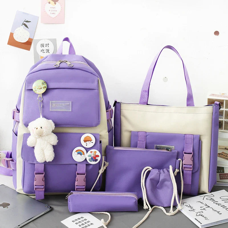 5-Piece School Bag Set – Canvas Backpacks for Teenage Girls & Women, Solid Color Student Schoolbags