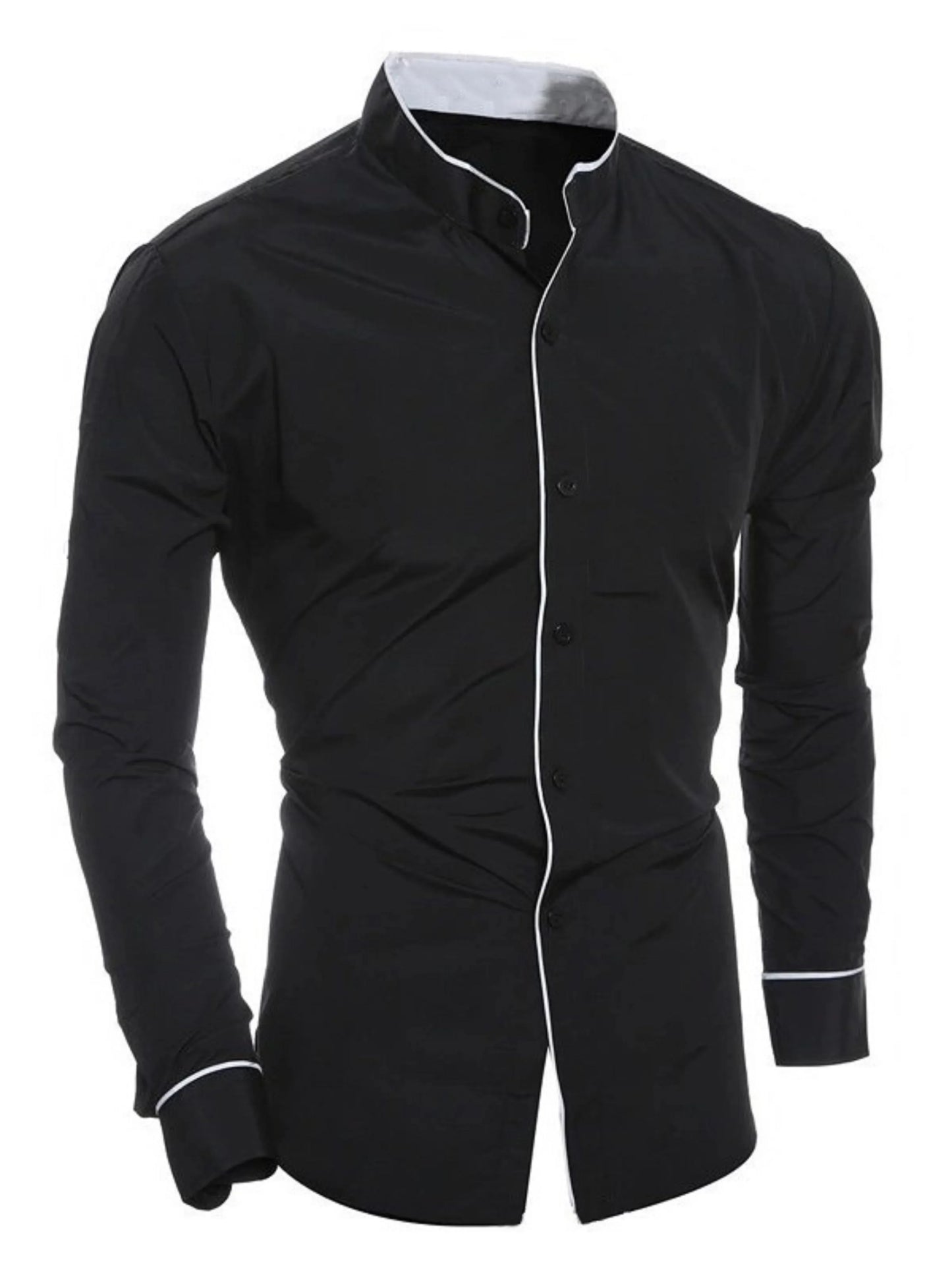 Men’s Stand Collar Long Sleeve Shirt - Slim Fit Solid Color Button Down Shirt for Spring & Autumn