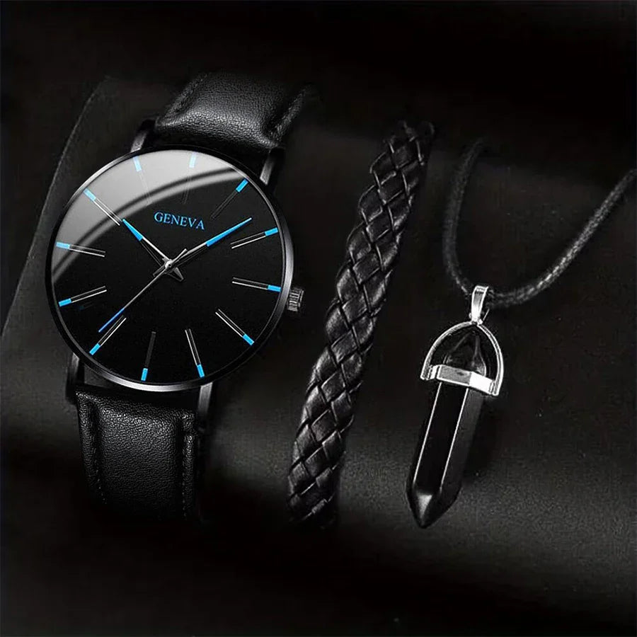 Men’s 3PCS Watch Set – Quartz Analog Business Watch with Leather Band, Necklace & Bracelet Gift Set