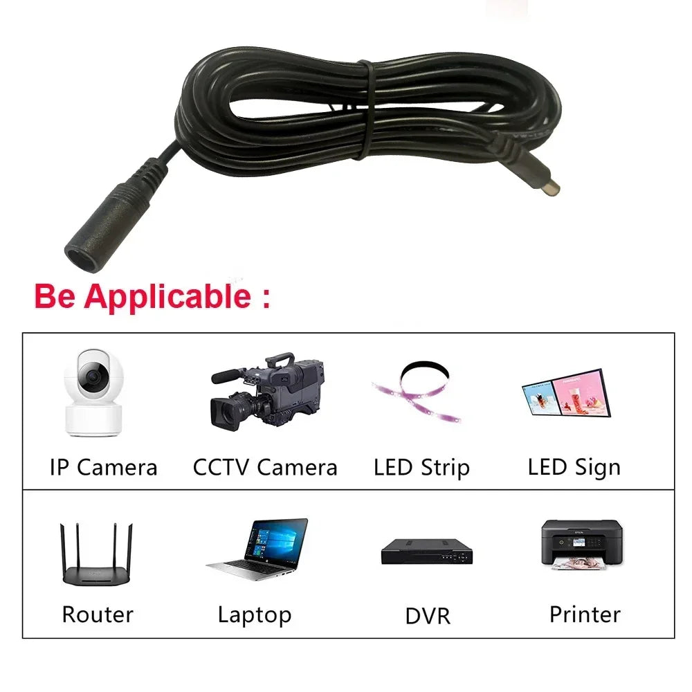 DC Extension Cable - 5.5x2.1mm Female to Male Power Cord for 12V Adapter, LED Strip Lights & Electronic Devices