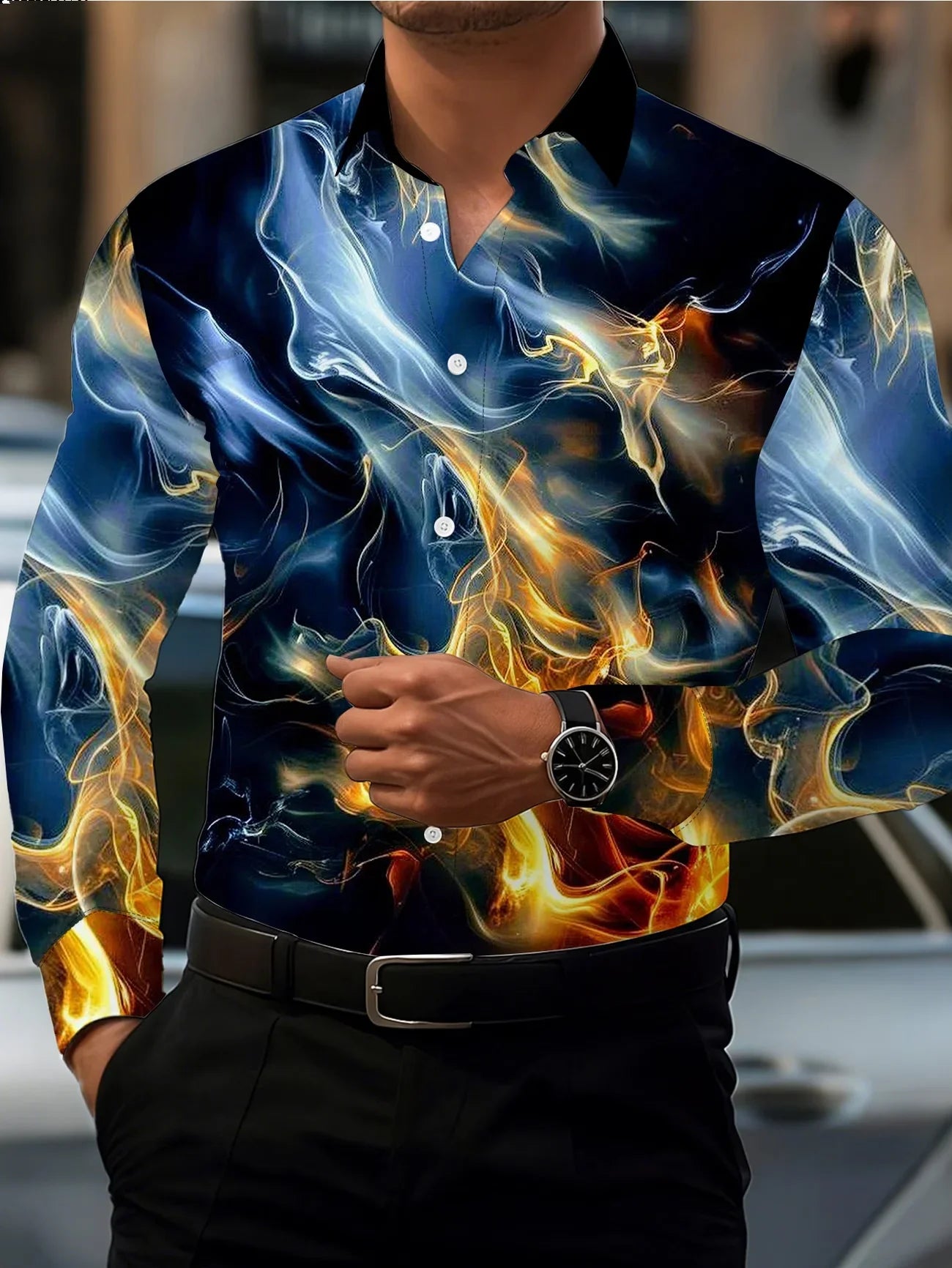 Men’s Geometric Diamond Wings Shirt - Orange Bottom Printed Long Sleeve Satin Collar Dress Shirt