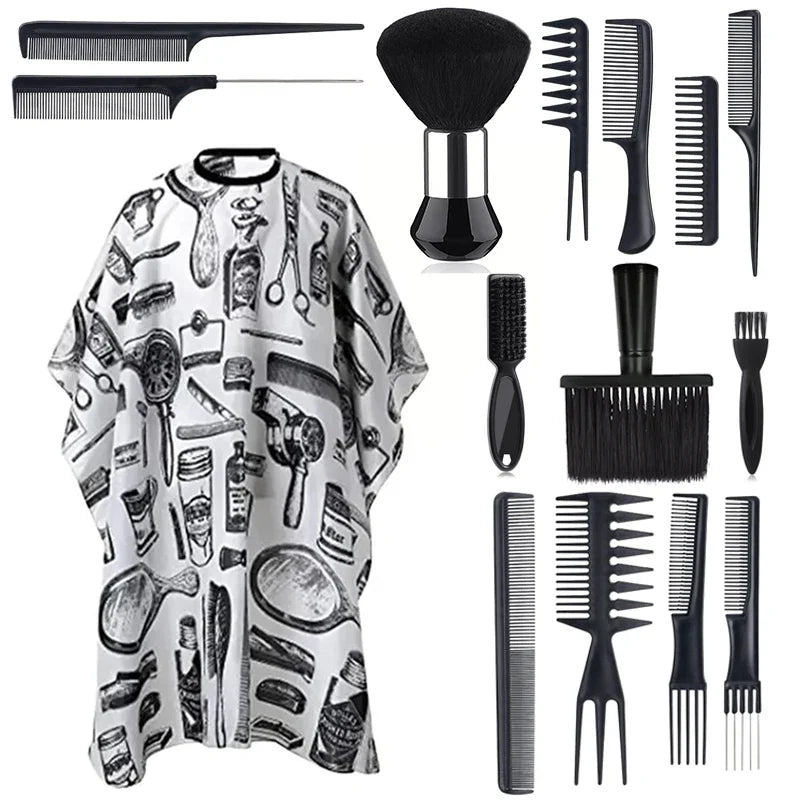 11pcs/15pcs Barber Salon Cloak Set – Adjustable Stylist Cape with Neck Buckle, Dust Removal Brush & Comb