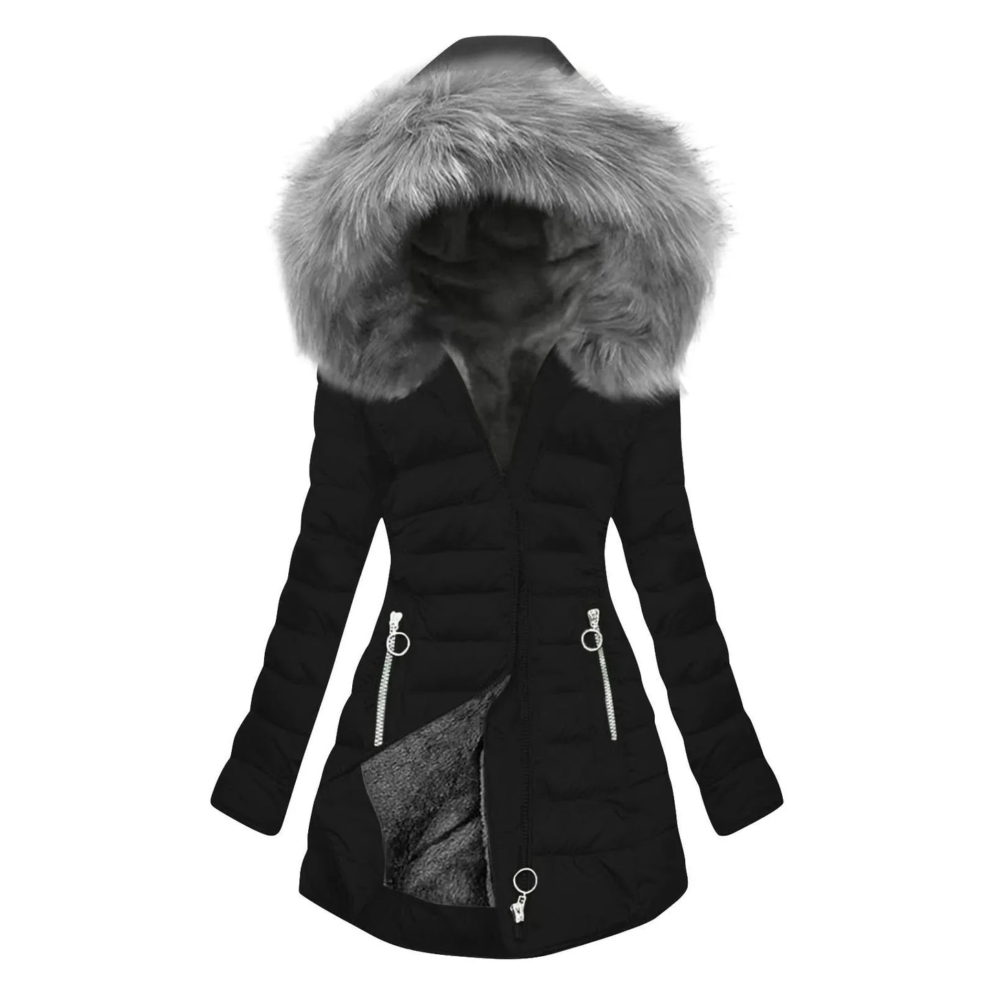 Women’s Plus Size Quilted Long Coat – Lined Mid-Length Hooded Winter Jacket, Warm & Windproof Outerwear
