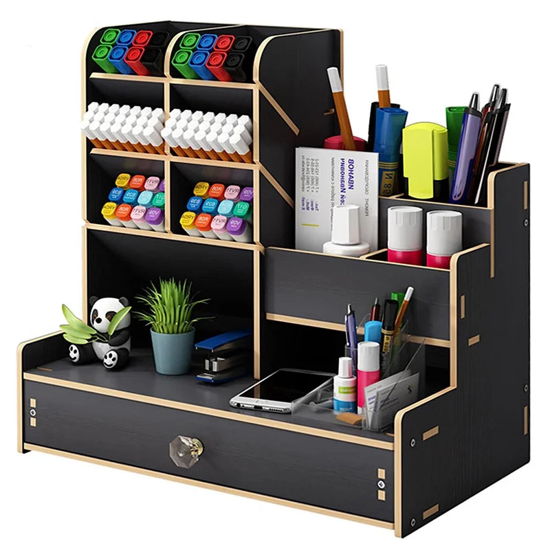 Wooden Desk Organizer DIY, Large Capacity Pen Holder with Drawer, Desktop Tidy and Stationery Storage Box for Home, Office, and School