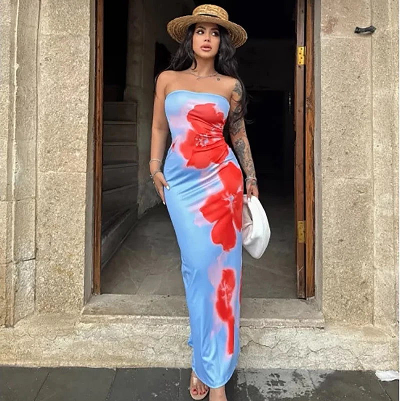 Women’s Elegant Printed Maxi Dress - Sleeveless Backless Strapless Bodycon Summer Beach Holiday Gown