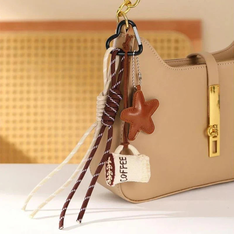 Kawaii Cartoon Linen Embroidery Coffee Bread Keychain - Cute Leather Heart Pendant Bag Charm Car Keychain Accessory