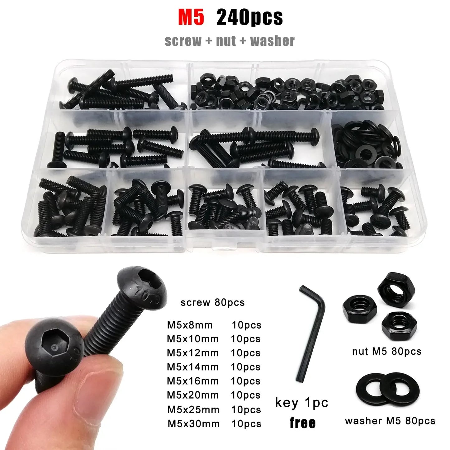 M1.6-M8 Black Grade 10.9 Steel Allen Hexagon Screw Bolt Nut Washer Kit β Round Head Set Box