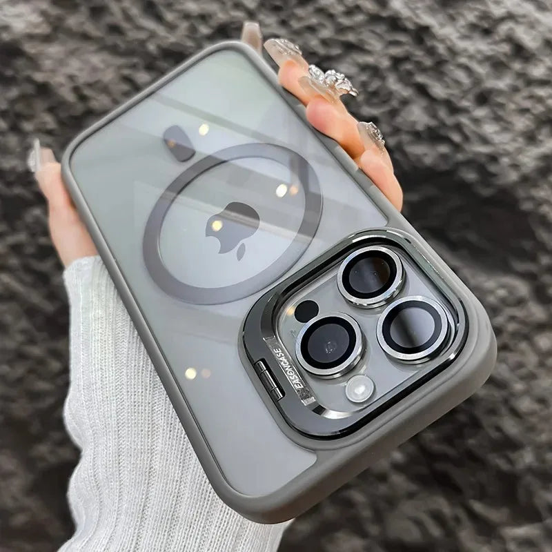 Luxury Magnetic Shockproof Phone Case - MagSafe Compatible iPhone Cover with Stand & Glass Lens Protection for iPhone 17 16 15 14 13 12 11 Pro Max