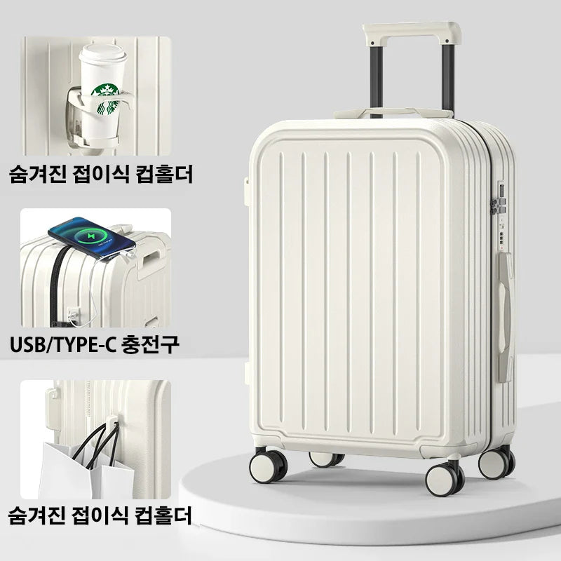 Large Capacity Trolley Suitcase – 20/22/24/26/28" Travel Luggage with Cup Holder for Business & Leisure