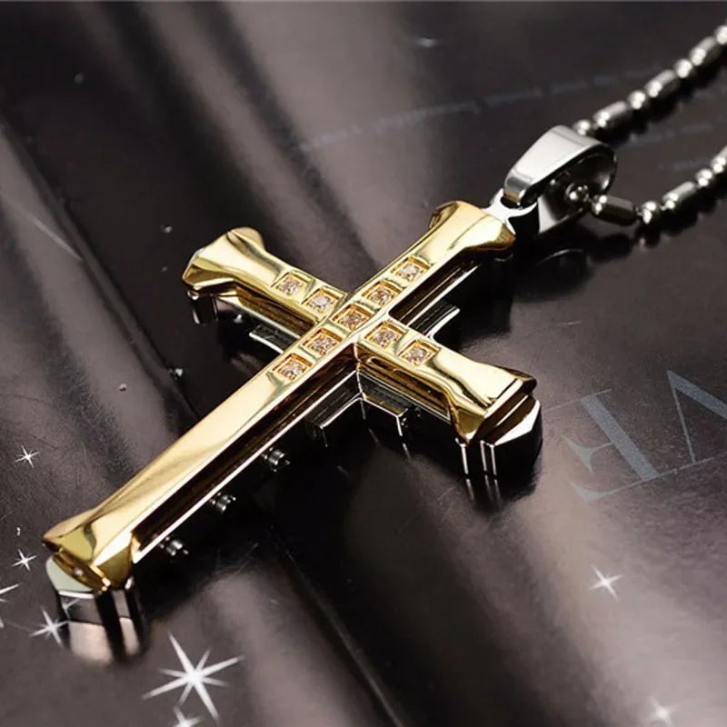 2024 Men’s Crystal Jesus Cross Pendant Necklace – Stainless Steel Zirconia Cross Jewelry in Gold, Black & Blue Color Options