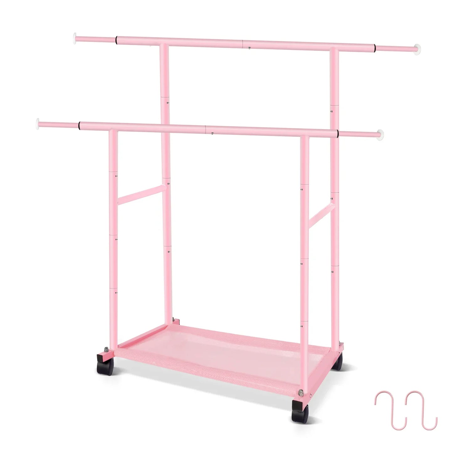 Pink Twin-Pole Rolling Clothes Rack with Net Shelf โ Cute Metal Garment Rack, Strong Load-Bearing Storage