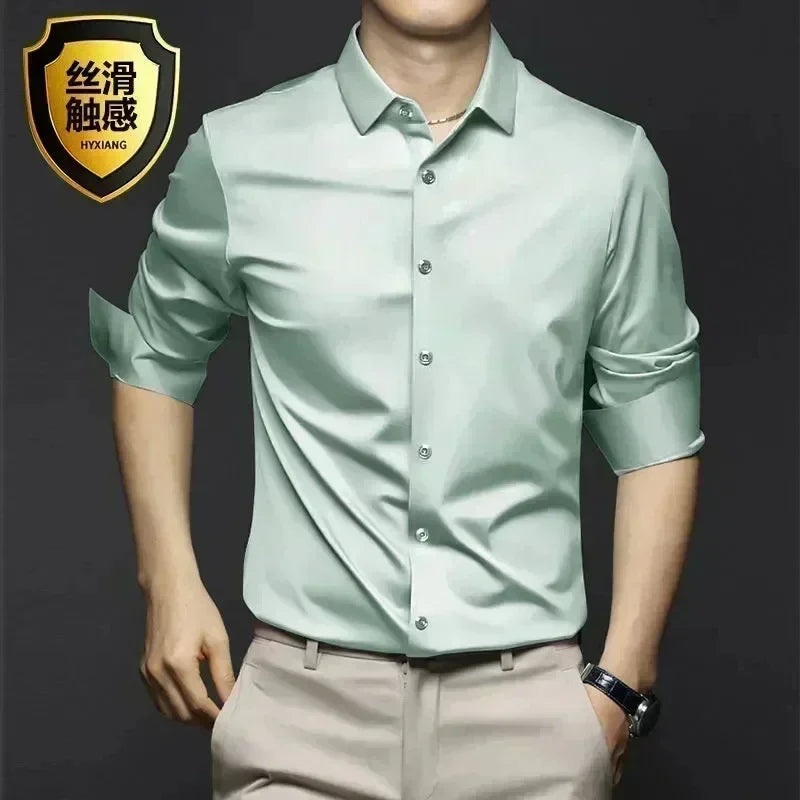 Men’s Luxury White Dress Shirt - Wrinkle-Resistant Ice Silk Glossy Long Sleeve Business Casual Shirt S-6XL