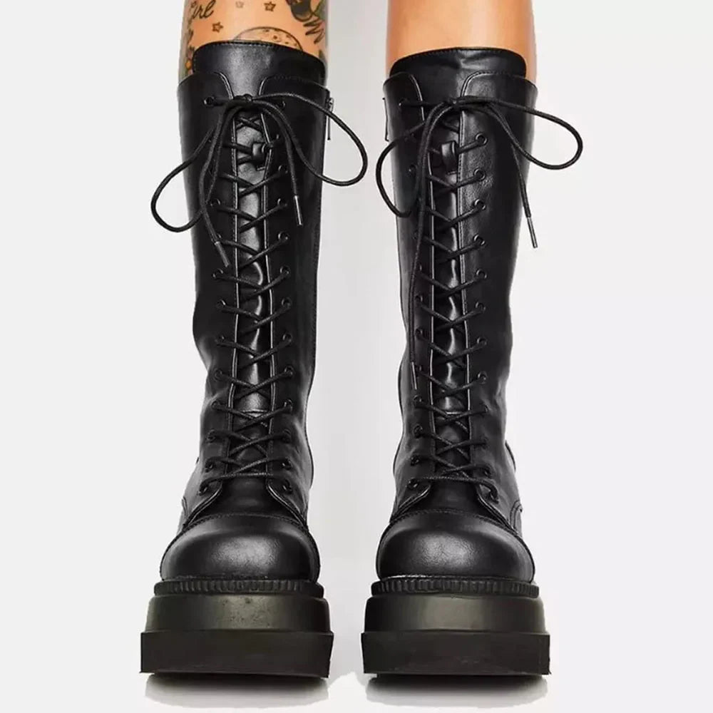 DoraTasia Women’s Black Gothic Mid-Calf Boots – Round Toe, Side Zipper Lace-Up Street & Christmas Party Shoes