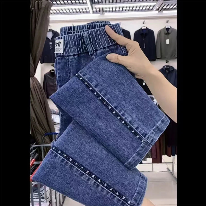 Women’s 2025 Elastic Waist Jeans - Straight Leg Ankle-Length Denim Pants for Casual Fashion Wear