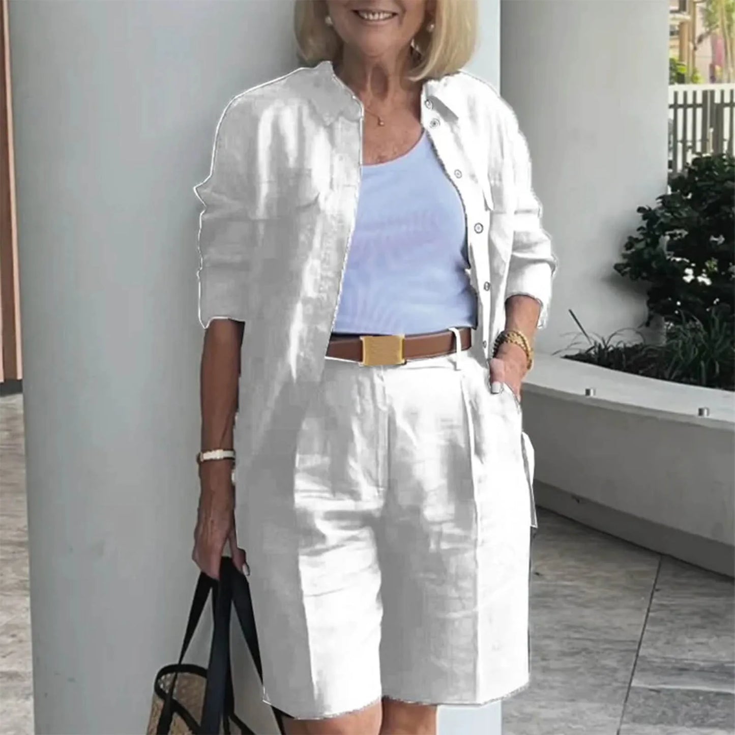 Women’s 2 Piece Summer Outfit Set - Solid Color Cardigan Shirt Top & Casual Shorts Matching Ensemble