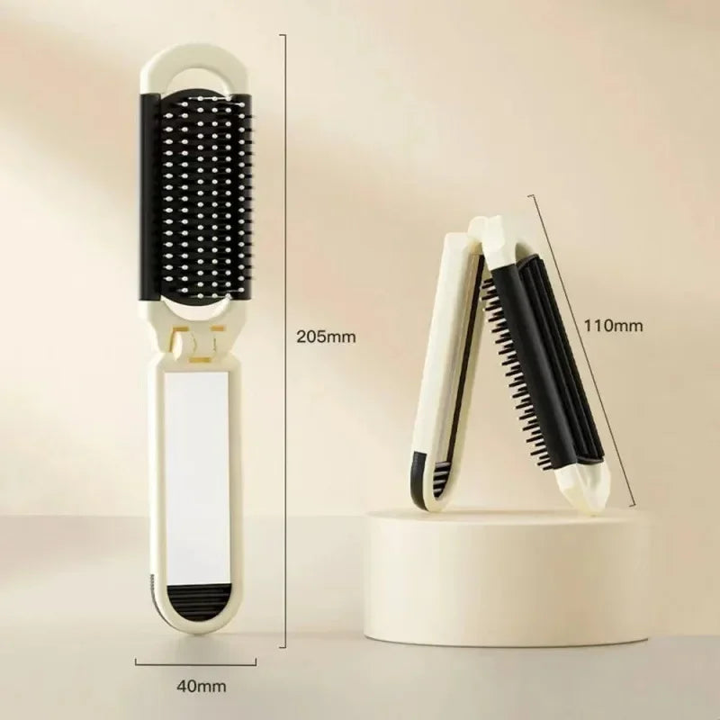 Foldable Hair Comb with Mirror - Portable Scalp Massage Brush, Anti-Static Travel Styling Tool for Girls
