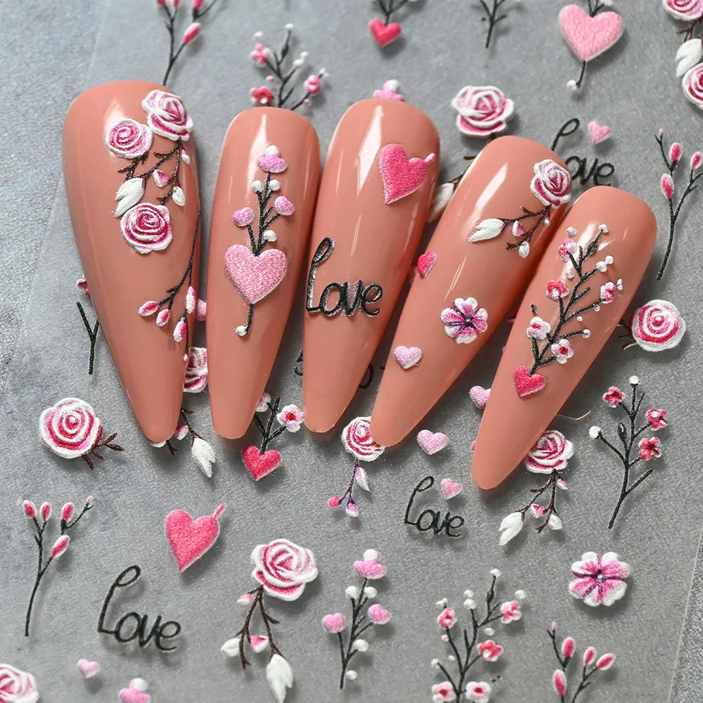 5D Floral Nail Stickers Set - Valentine’s Day Rose & Daisy Embossed Nail Decals for DIY Spring Summer Nail Art Decoration