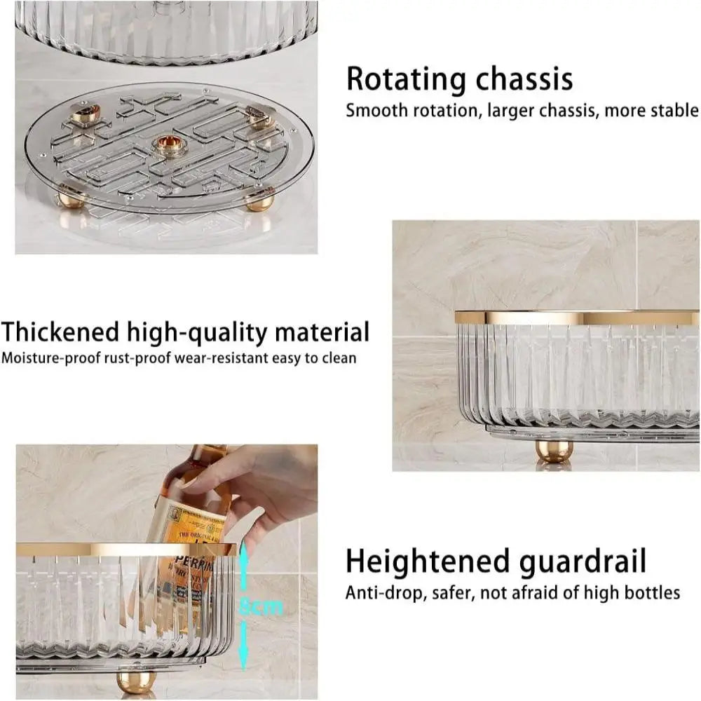 Round Plastic Clear Rotating Container Bins - For Cabinet, Pantry, Kitchen Countertop, and Refrigerator - Grey