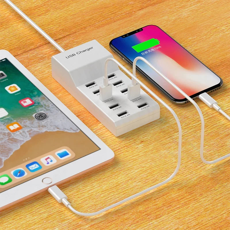 10-Port USB Charging Hub - 5V High-Speed Desktop Charger Strip for Home, Office & Travel