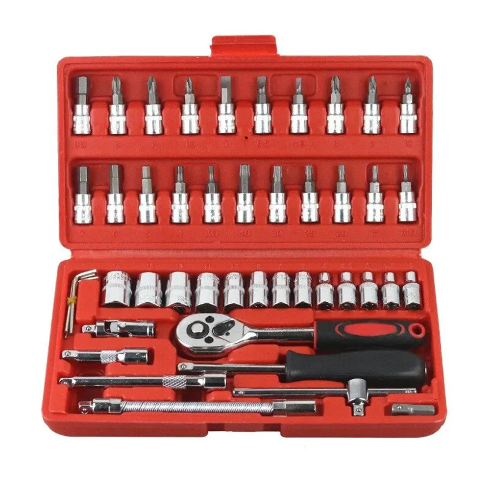 46-Piece Car Repair Tool Kit β 1/4 Inch Socket Set with Ratchet, Torque Wrench & Pry Tools for Auto Maintenance