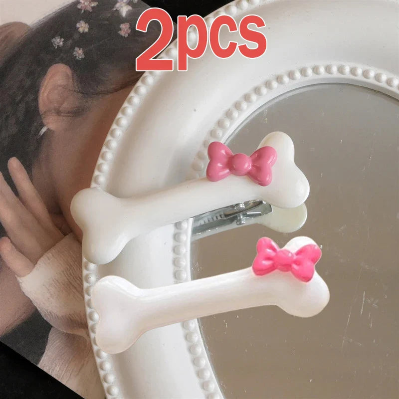 Kawaii Bow Dog Bone Hair Clips – Cute Black & White Bone Hairpins for Girls, Duckbill Barrettes Accessories