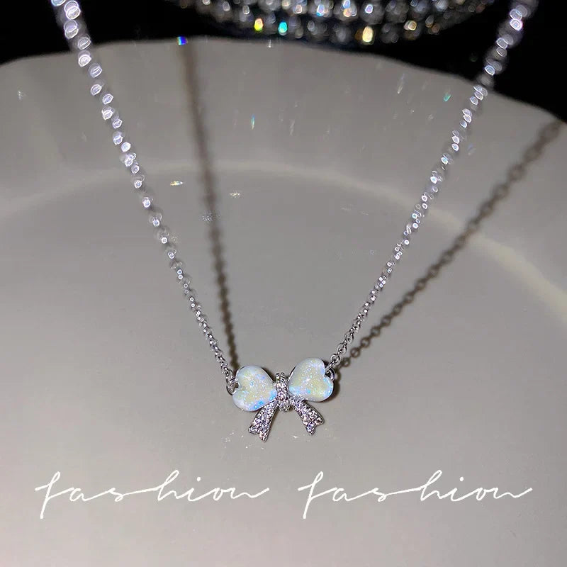 Y2K Crystal Bow Angel Wings Necklace - Heart Pendant Clavicle Chain for Women Trendy Aesthetic Jewelry