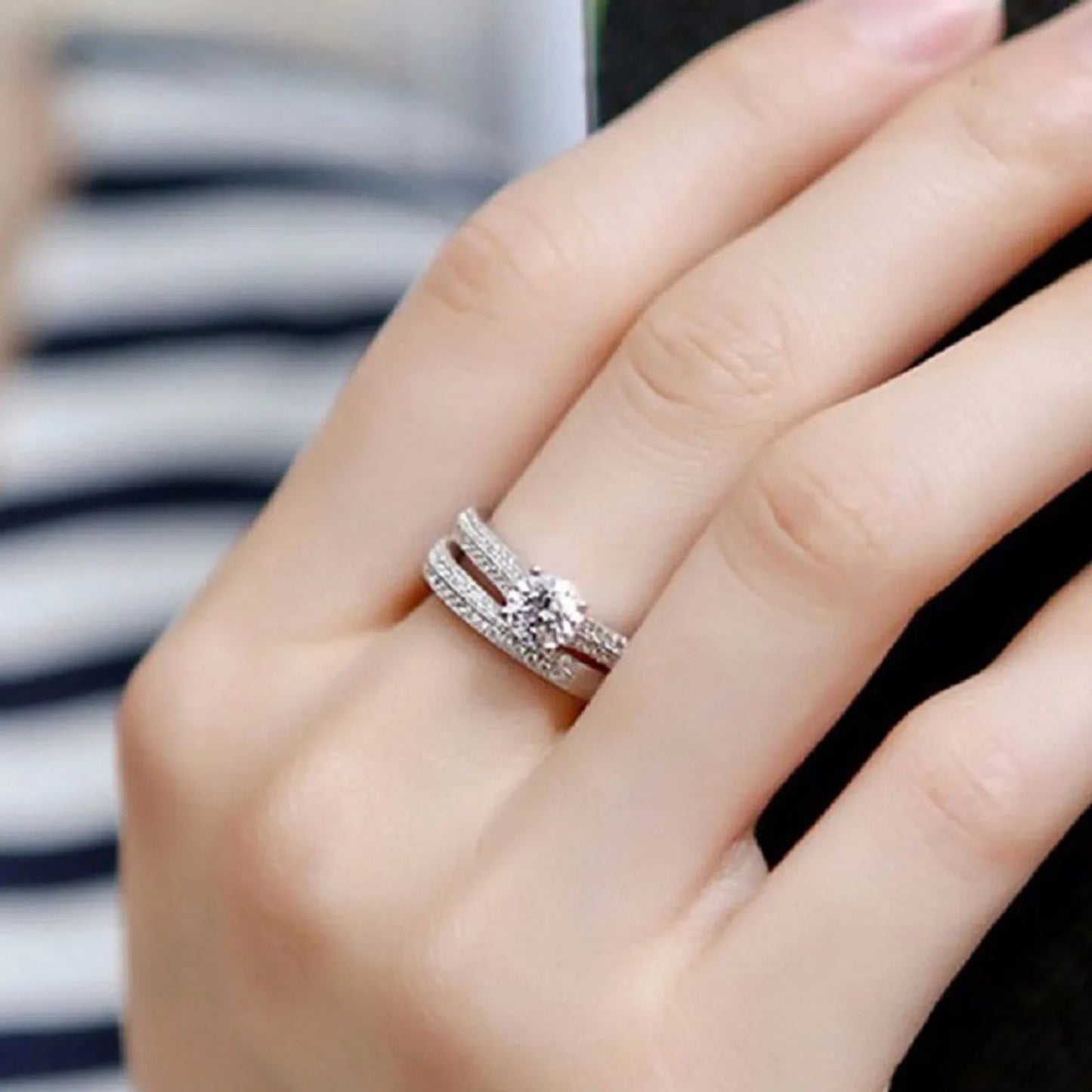 Vintage Halo Sterling Silver Ring Set - 925 Silver Wedding Anniversary Jewelry Gift for Women