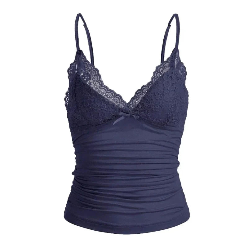 Y2K Lace V-Neck Bow Top - Sexy Slim Fit Spaghetti Strap Vest Crop Top for Women