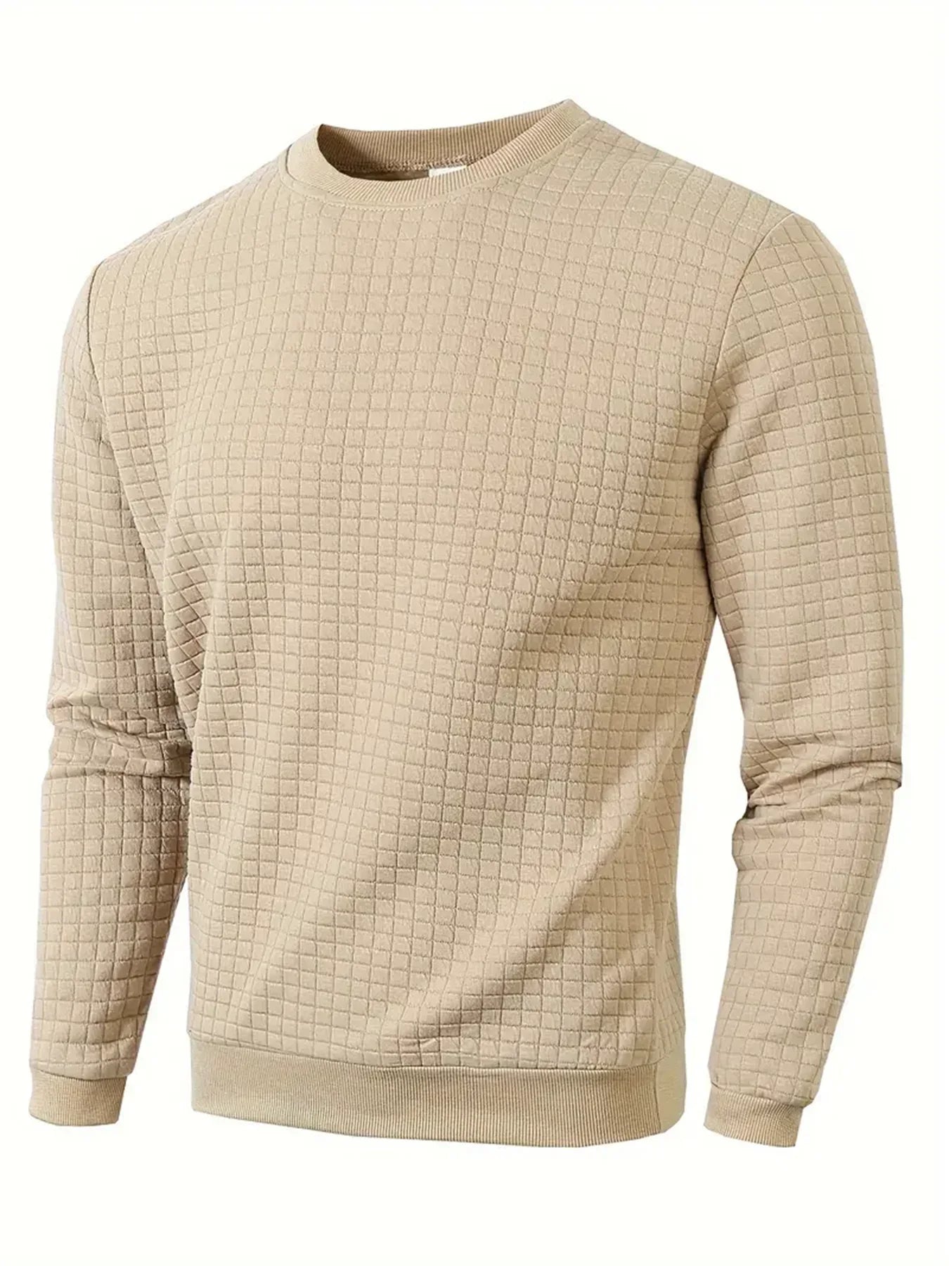 Men's Crew Neck Knit Sweater - Solid Color Jacquard Check Pullover Warm Casual Streetwear Top