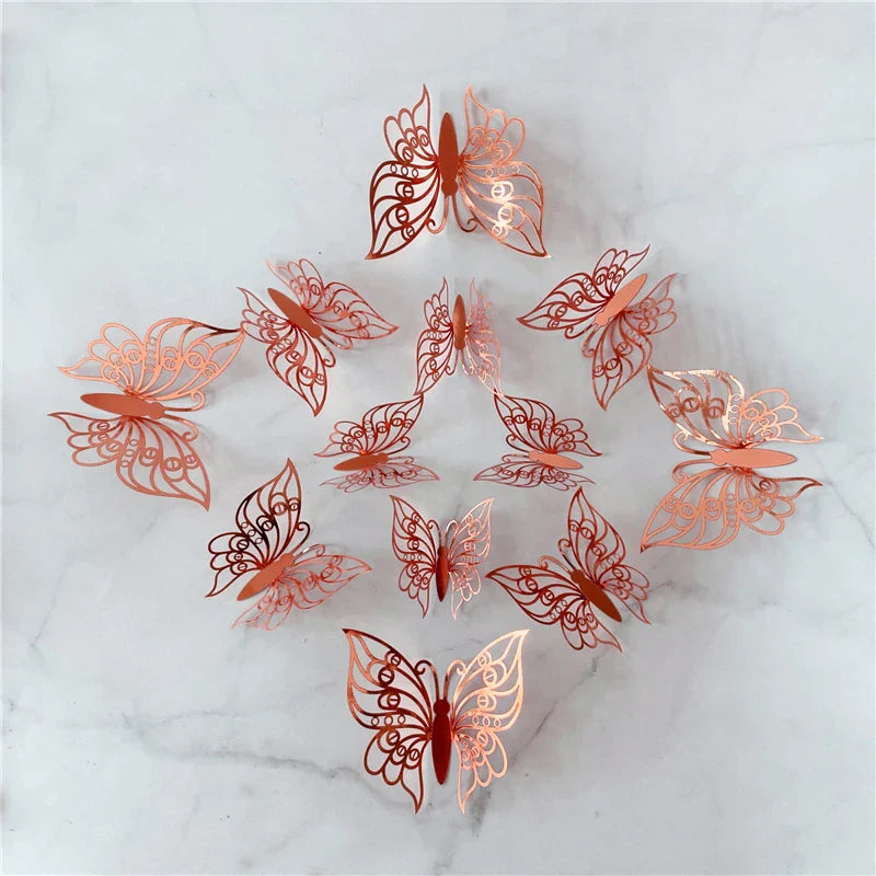 12PCS 3D Hollow Butterfly Wall Stickers – Gold, Silver & Rose Decorative Decals for Wedding, Living Room & Home Decor