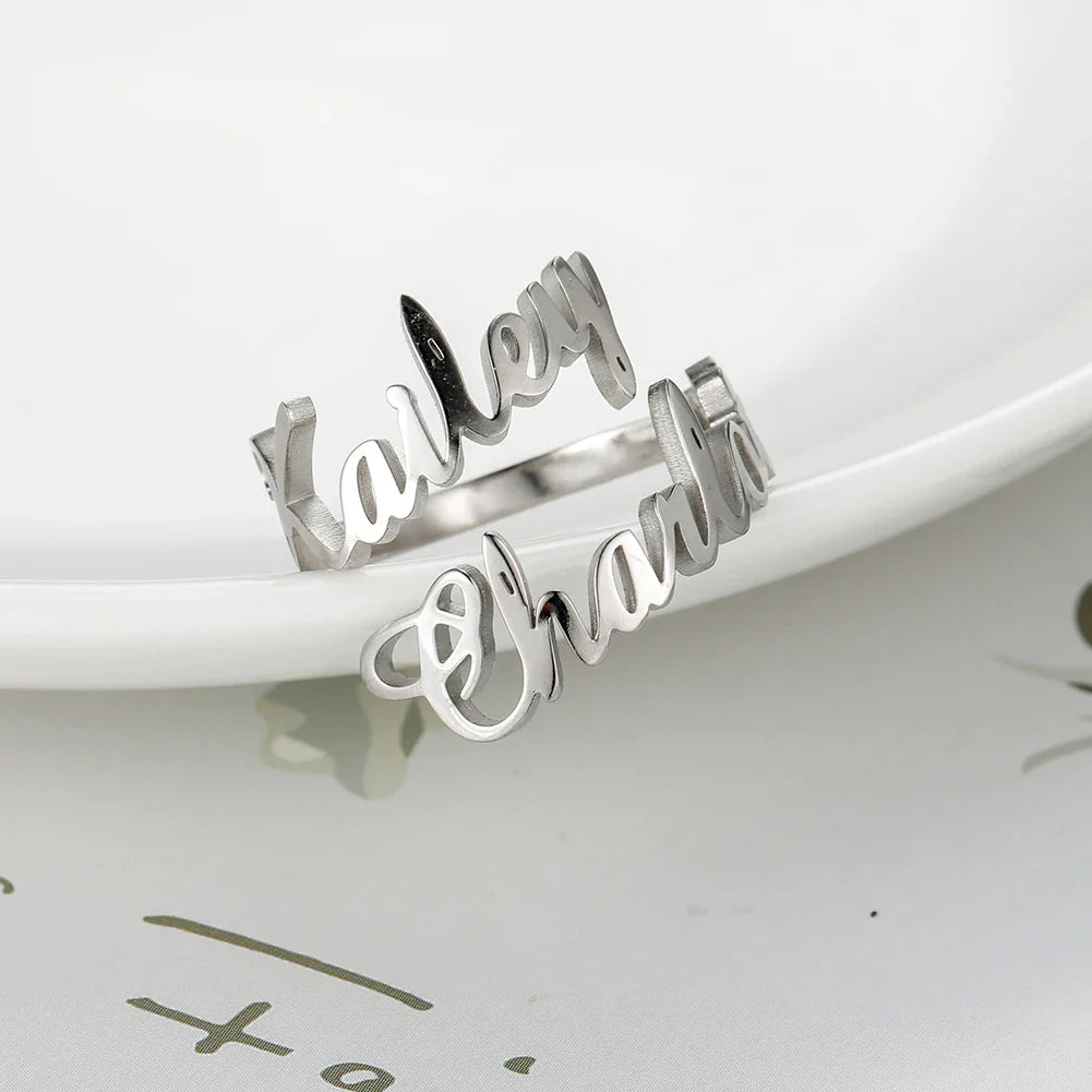 Custom Fishhook Double Name Finger Ring - Personalized Family & Couple Love Gift for Women & Men, Gold Stainless Steel Jewelry