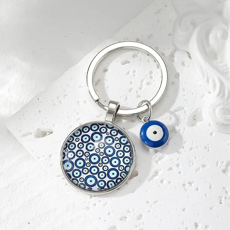 Round Flower Blue Evil Eye Hamsa Keychain – Boho Turkish Lucky Eye Fatima Hand Bag & Car Keyring for Women & Men Protective Charm Gift