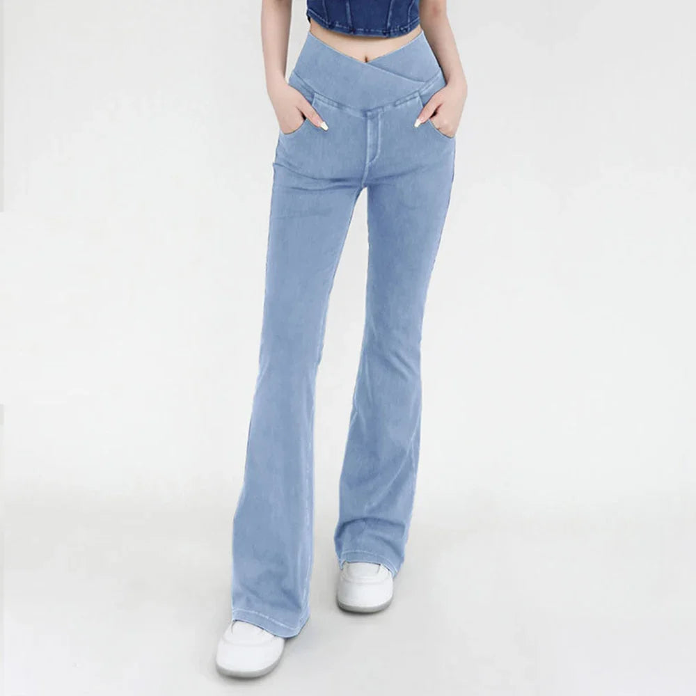 Women's High Waist Flare Leggings - Stretch Denim Yoga Pants for Fitness & Casual Wear